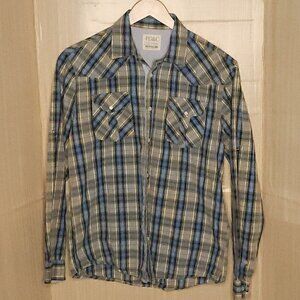 PD&C Mens Green Blue Plaid Button Down Shirt Large
